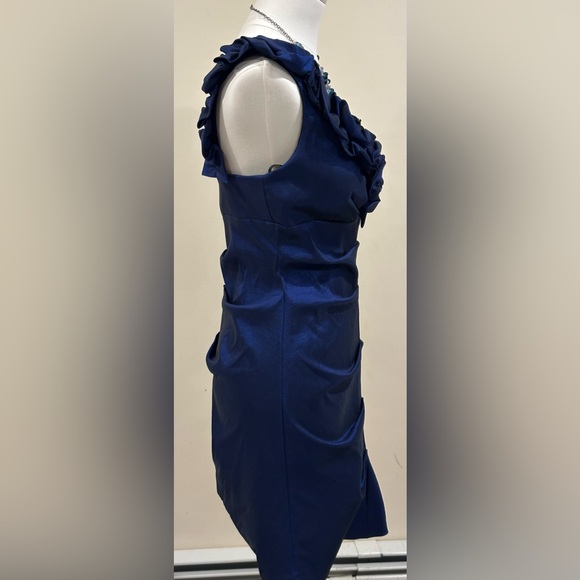 Xscape Royal Blue Draped Ruffle V Neck Cocktail Dress. Draped On One Side Sz 10P - Picture 6 of 14